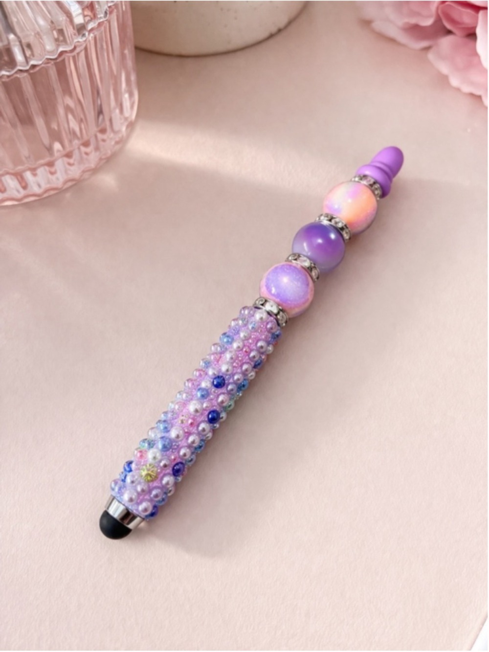 Handmade Beaded Stylus Pen Pink/Purple Rhinestone Bling Touchscreen Cute Gift